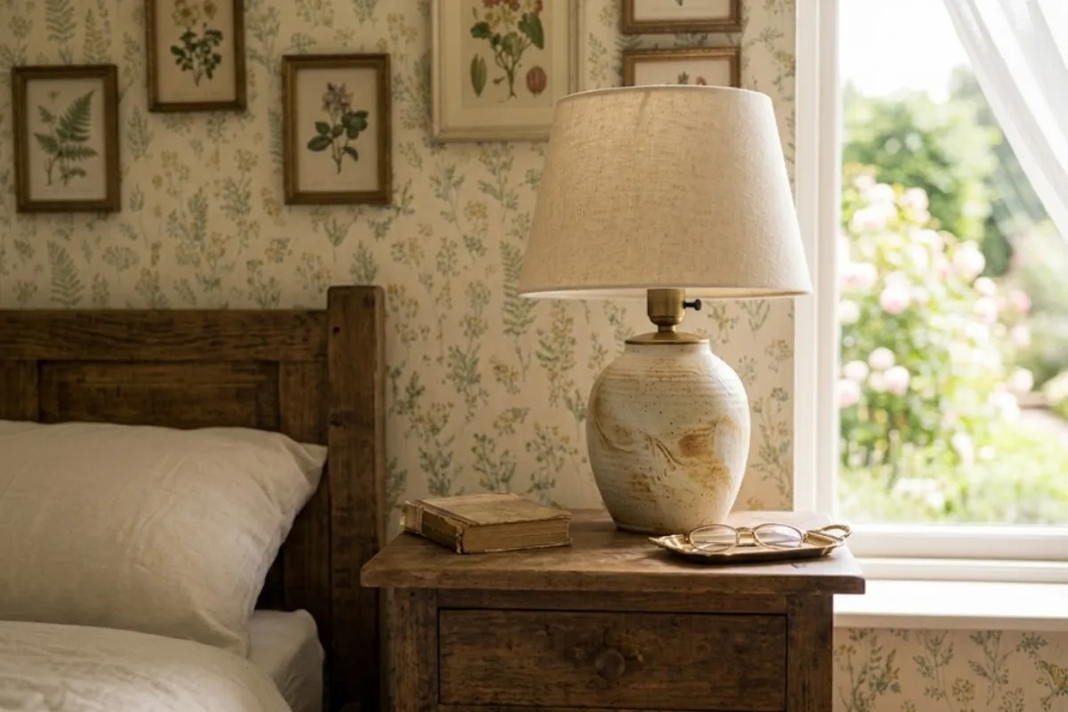 Ceramic bedside lamp with a linen shade glowing softly