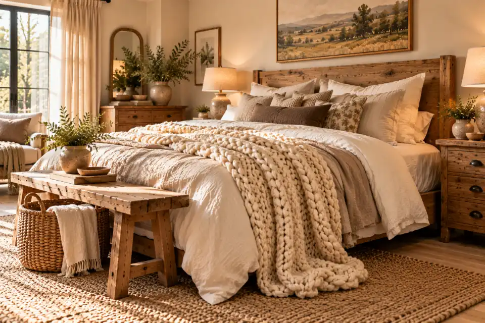 Oversized cream chunky knit throw draped over ivory linen bedding on a rustic oak bed