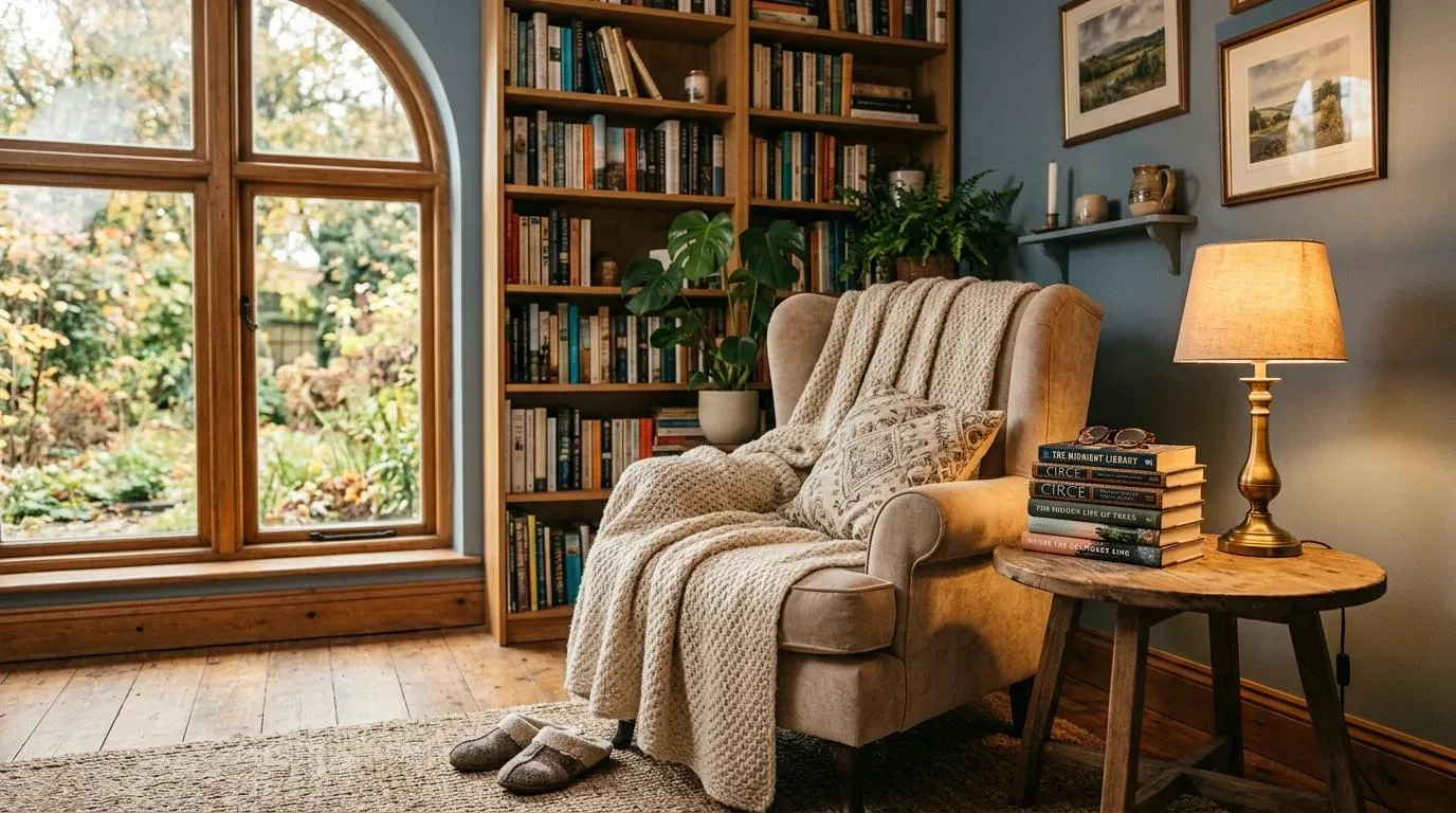 Vintage armchair and soft throw arranged in a cozy cottage bedroom reading corner