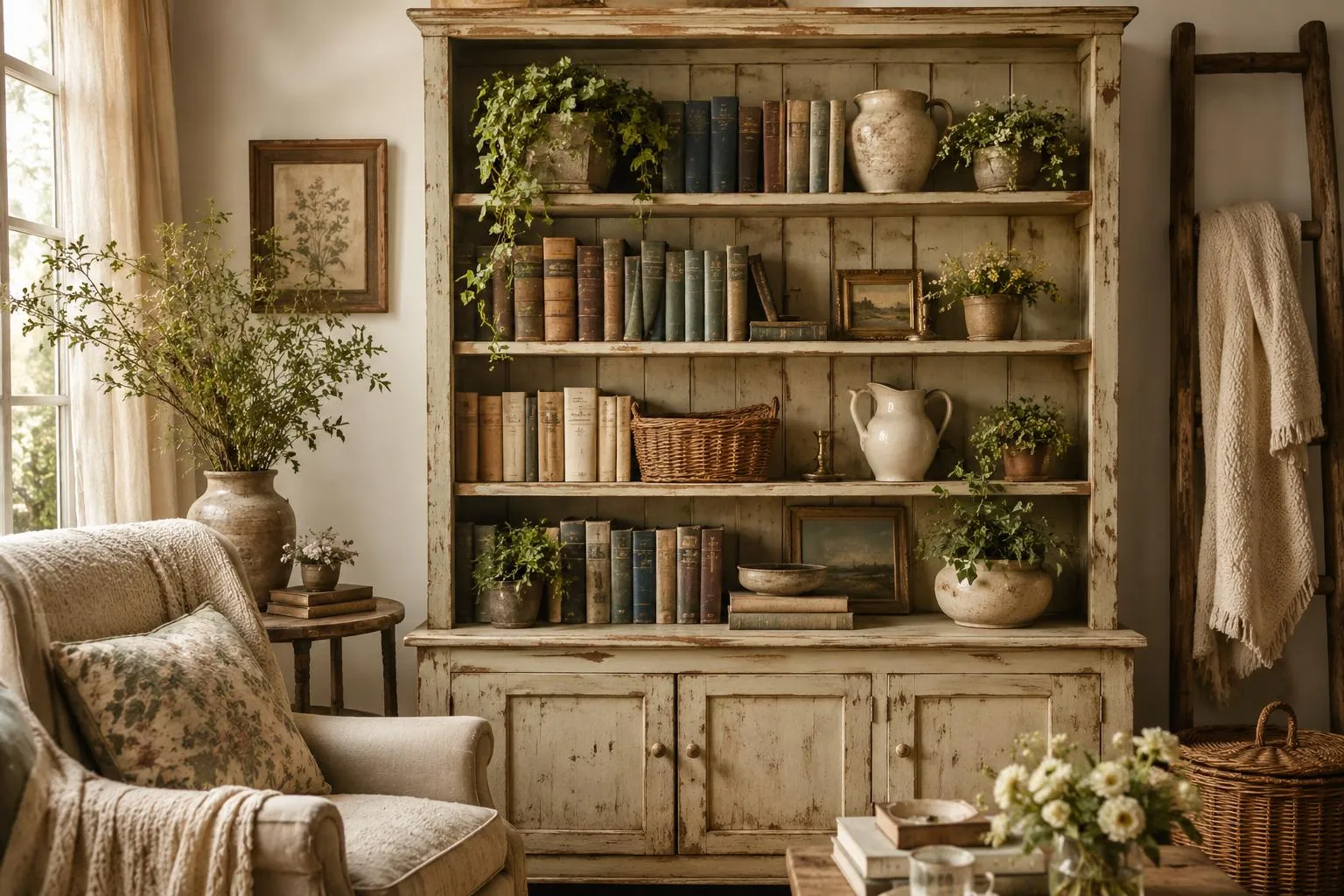Cottage bookshelf with old books, ceramic vases, and botanical art