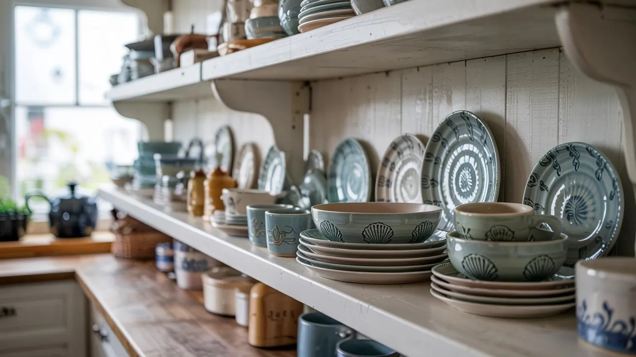 Cream ceramic plates, bowls, and mugs displayed on an open cottage kitchen shelf