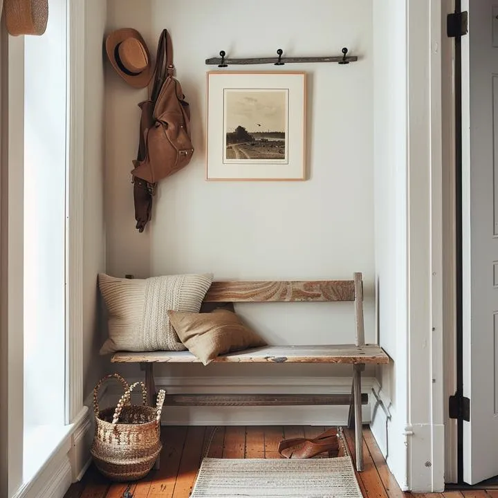 Wooden cottage entryway bench with a woven basket and simple cushion