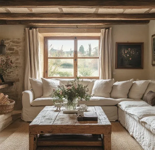 Solid wooden coffee table styled simply in a warm cottage living room