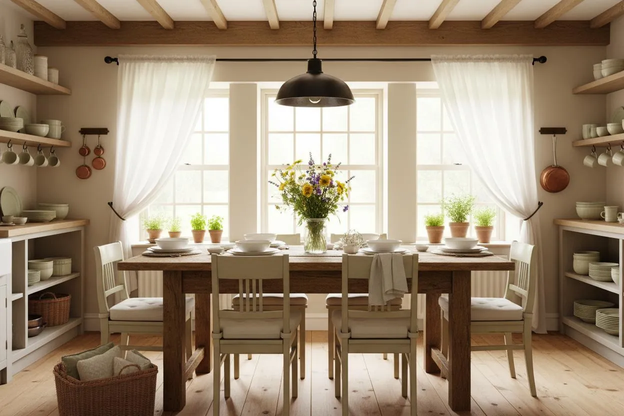 Natural wooden dining table with simple chairs in a cottage kitchen