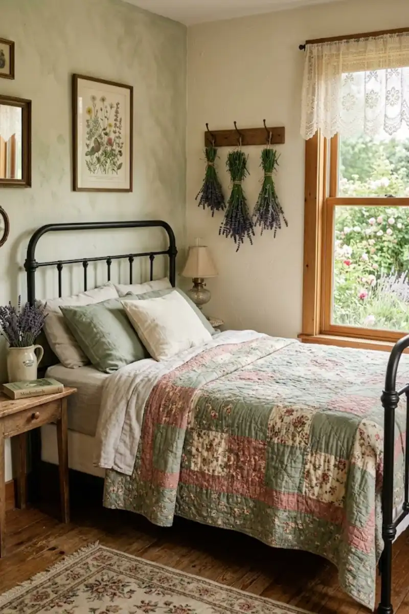 Cottagecore bedroom with vintage bed, quilt and dried flowers, styled with thrifted pieces