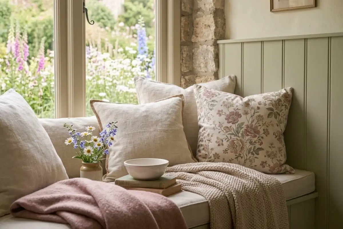 Layered floral and linen cushions on a cottagecore sofa