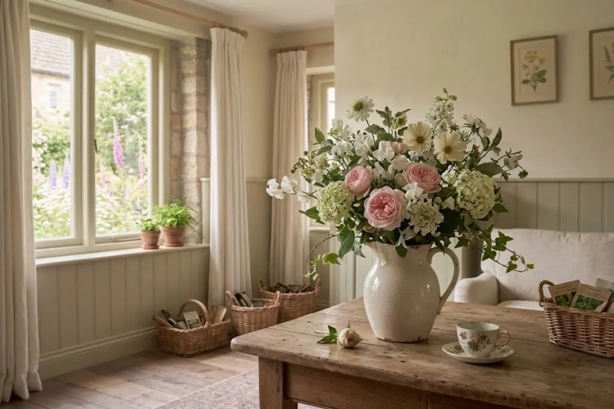 Fresh garden flowers in a ceramic jug on a rustic wooden table