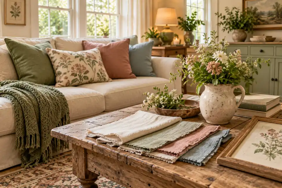 Cottagecore decorating palette of cream, sage green, dusty rose, natural wood, floral fabric, and ceramic accessories
