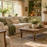 Cozy cottagecore living room with a cream sofa, sage botanical cushions, vintage wooden furniture, and a faded rug.