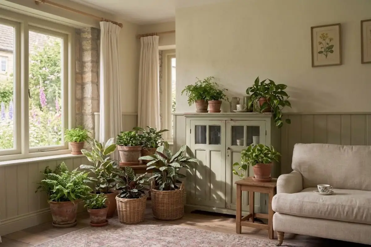 Leafy houseplants in terracotta pots in a cottagecore living room