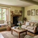 Cottagecore living room with vintage furniture, soft floral accents, and natural textures