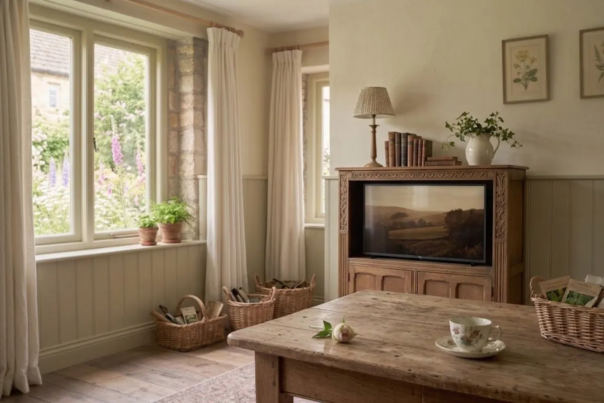 Television on a wooden console in a cottagecore living room
