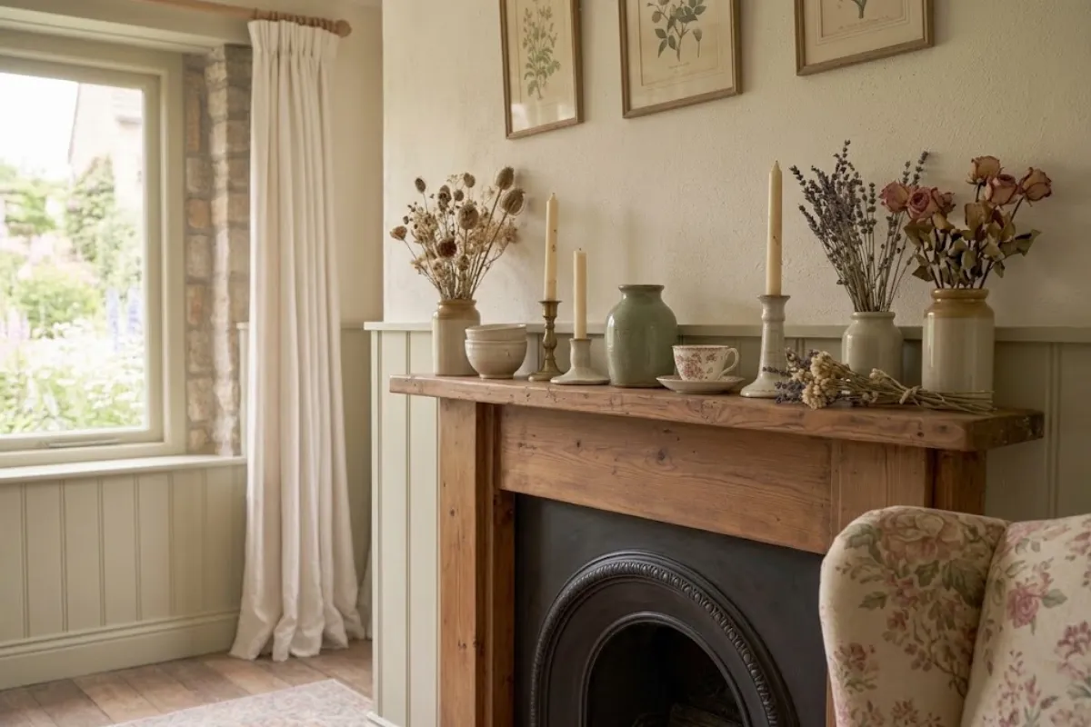 Simple candle holders and ceramics on a cottagecore mantel