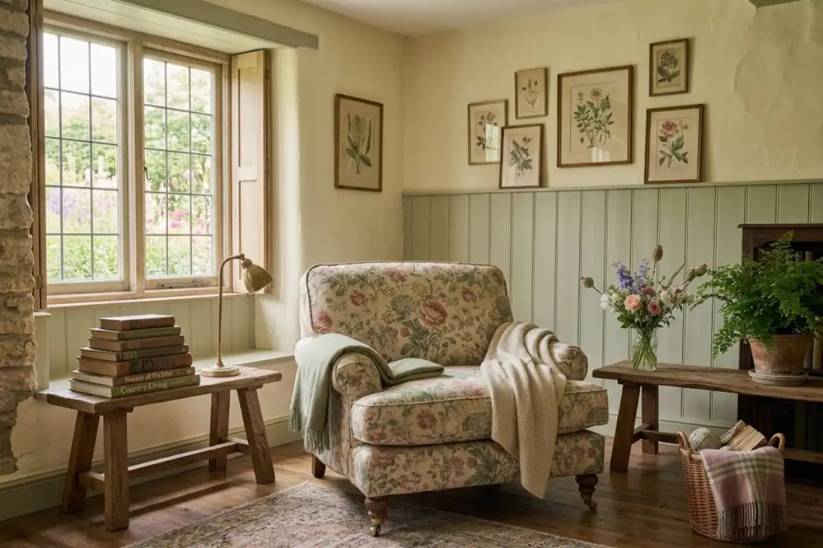 Cozy cottagecore reading corner with a vintage chair and books