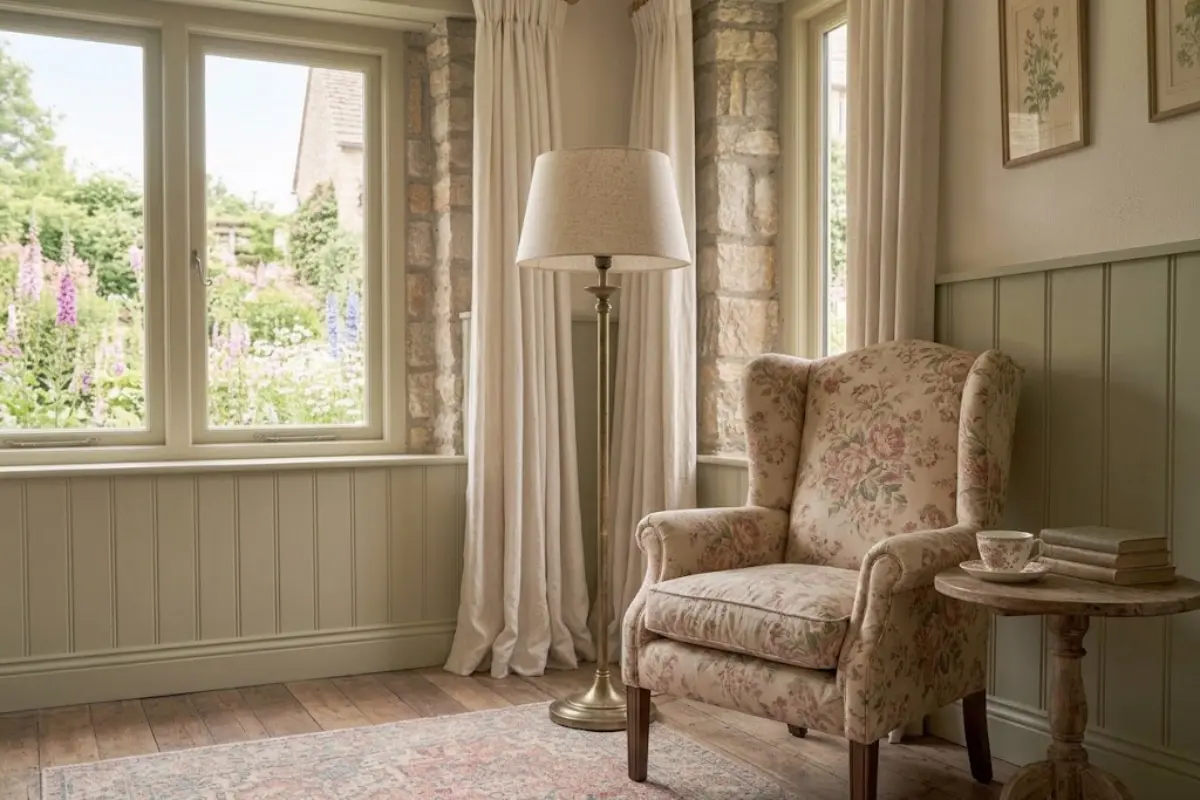 Vintage floor lamp beside a floral armchair in a reading corner