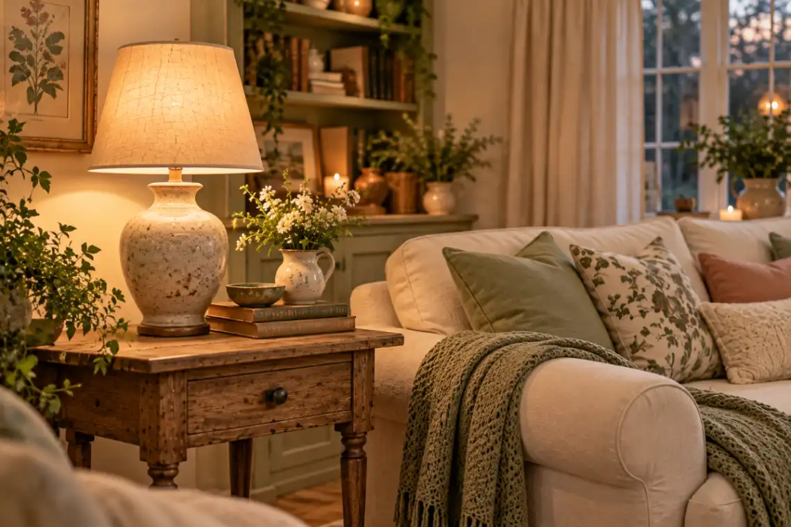 Television arranged on a warm wooden media cabinet with botanical artwork and understated cottagecore accessories