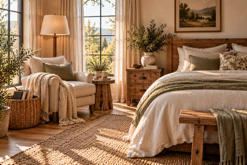 Cozy bedroom reading corner with oatmeal armchair, wooden side table, floor lamp, and woven book basket