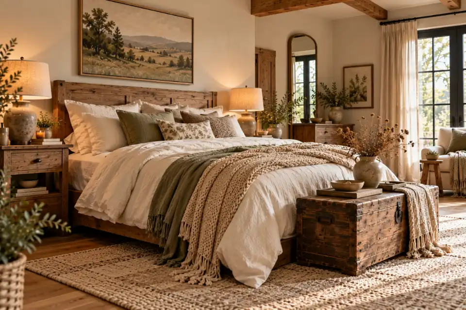 Cream and taupe bedroom palette with natural oak furniture, ivory bedding, and textured wool rug