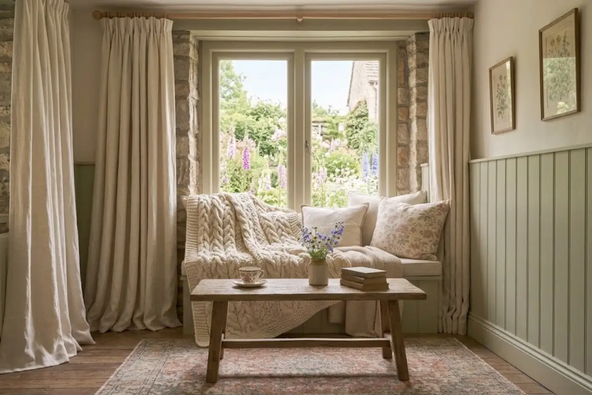 Cream knitted throw on a vintage cottagecore sofa