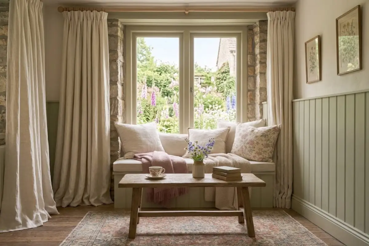 Cream linen curtains filtering daylight in a cottagecore living room