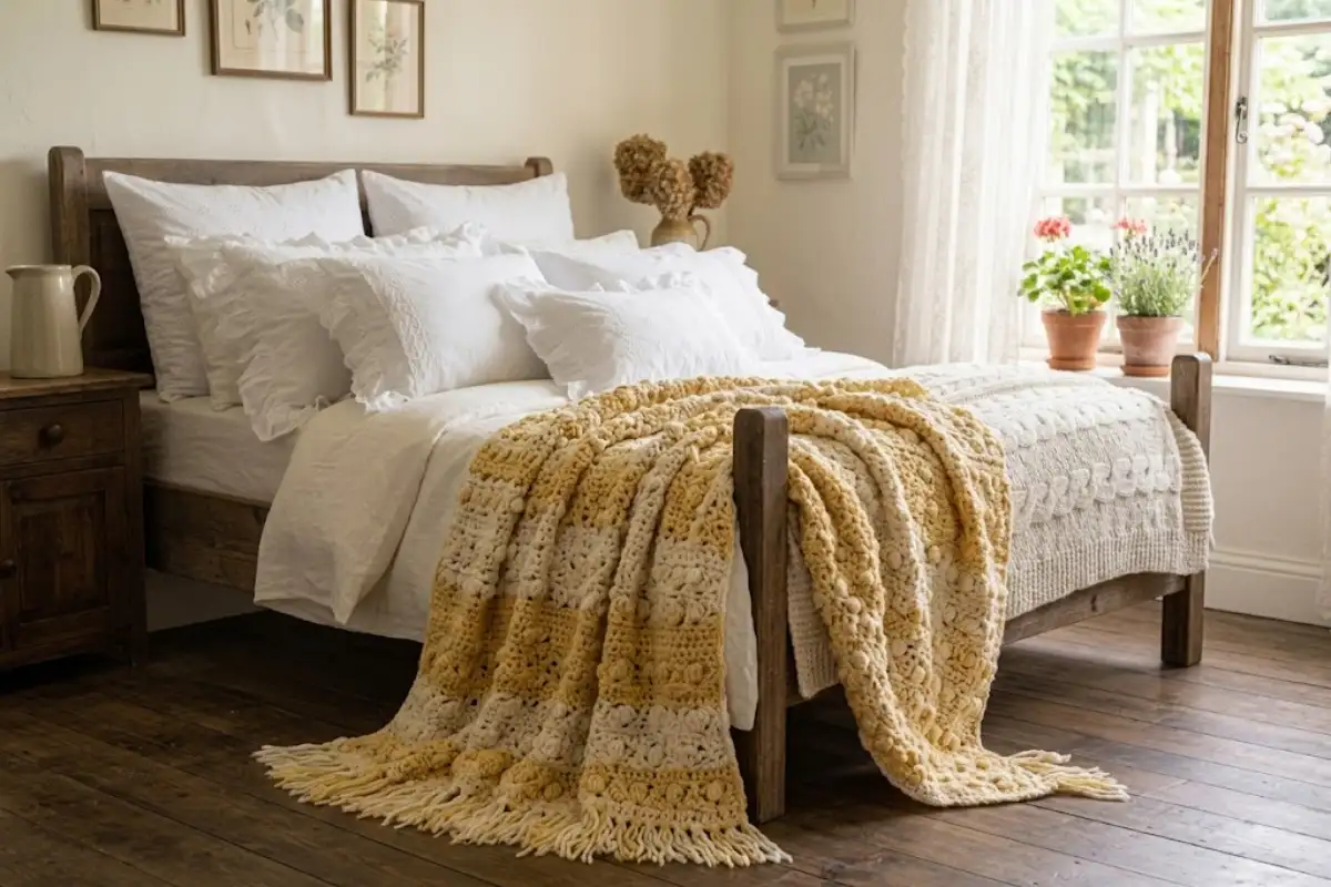 Chunky crochet throw draped across the corner of a cottagecore bed