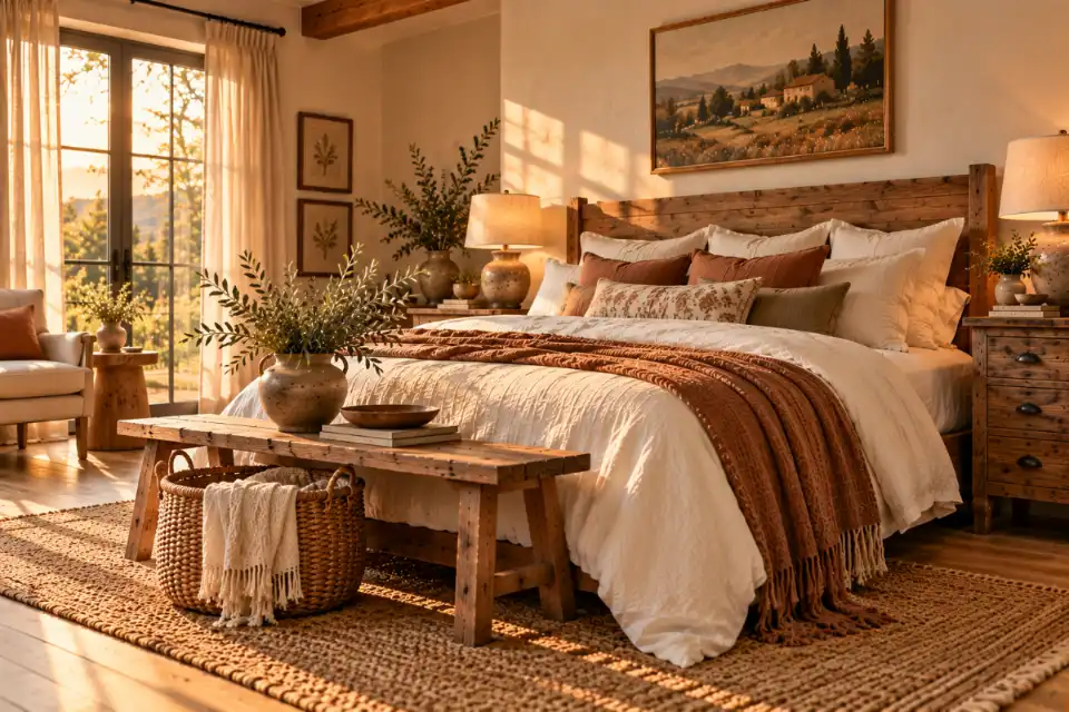 Terracotta cushions and clay-colored throw adding warmth to a cream and oak rustic bedroom