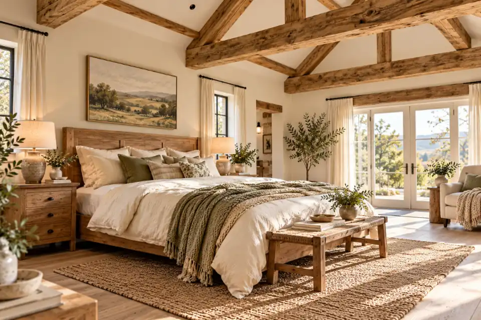 Exposed natural timber ceiling beams above a rustic oak bed with cream bedding and white walls