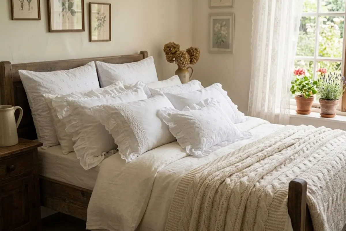 White eyelet and ruffled pillow shams on a linen-covered bed