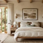 Modern rustic bedroom with natural oak furniture, cozy cream linen bedding, earthy colors, and vintage accents