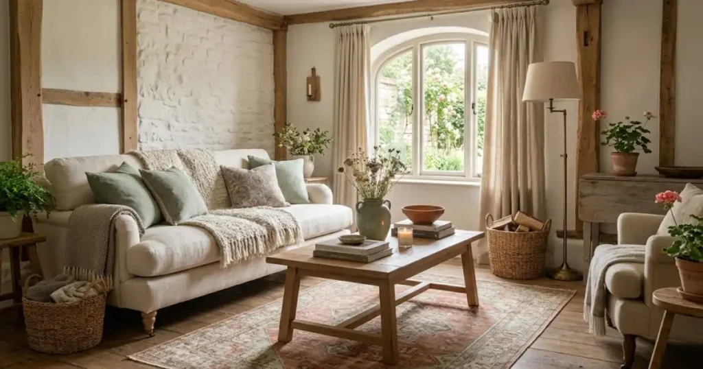 Rustic living room with a cream sofa, reclaimed oak coffee table, vintage rug, woven baskets, and sage green accents
