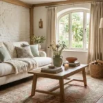 Rustic living room with a cream sofa, reclaimed oak coffee table, vintage rug, woven baskets, and sage green accents