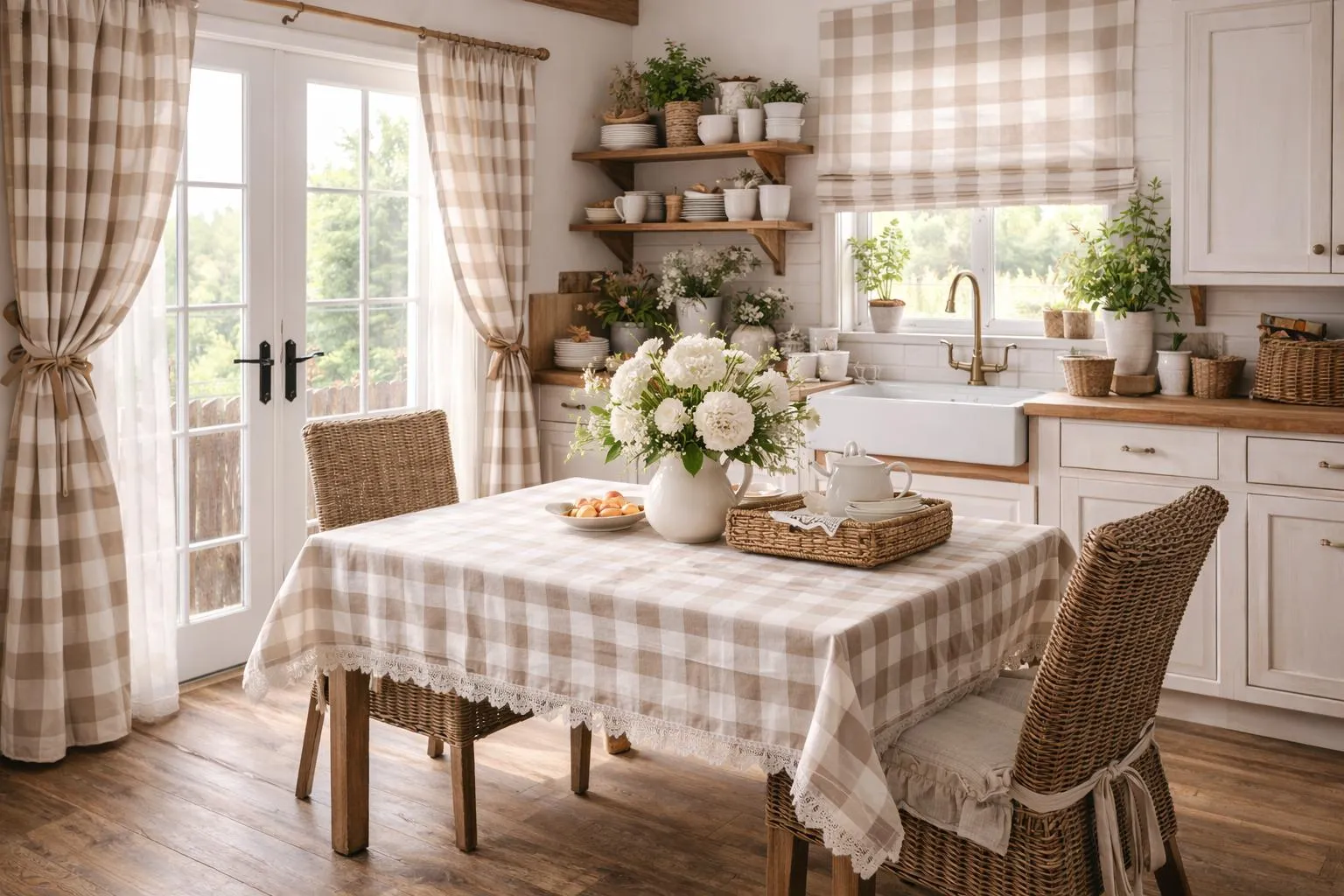 Floral tablecloth and gingham runner on a cottage dining table