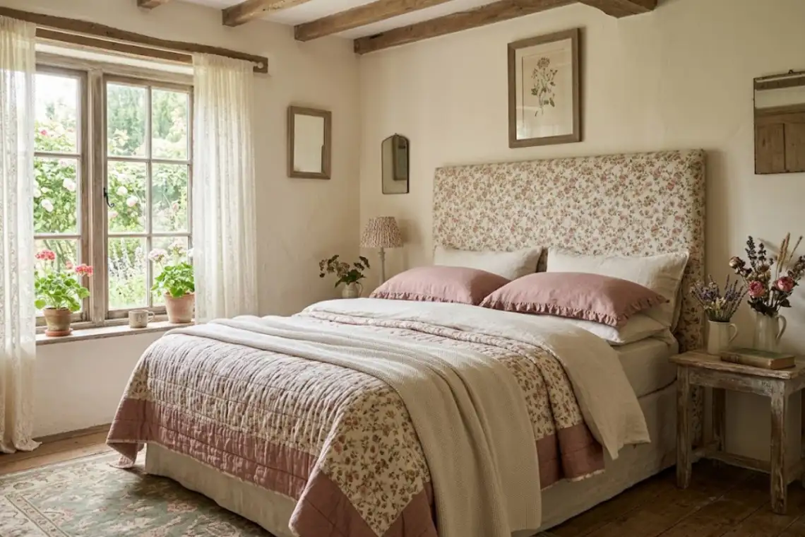 Padded headboard covered in small-print floral linen in a soft bedroom