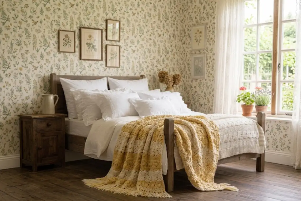 Small-print floral wallpaper on the wall behind a cottagecore bed