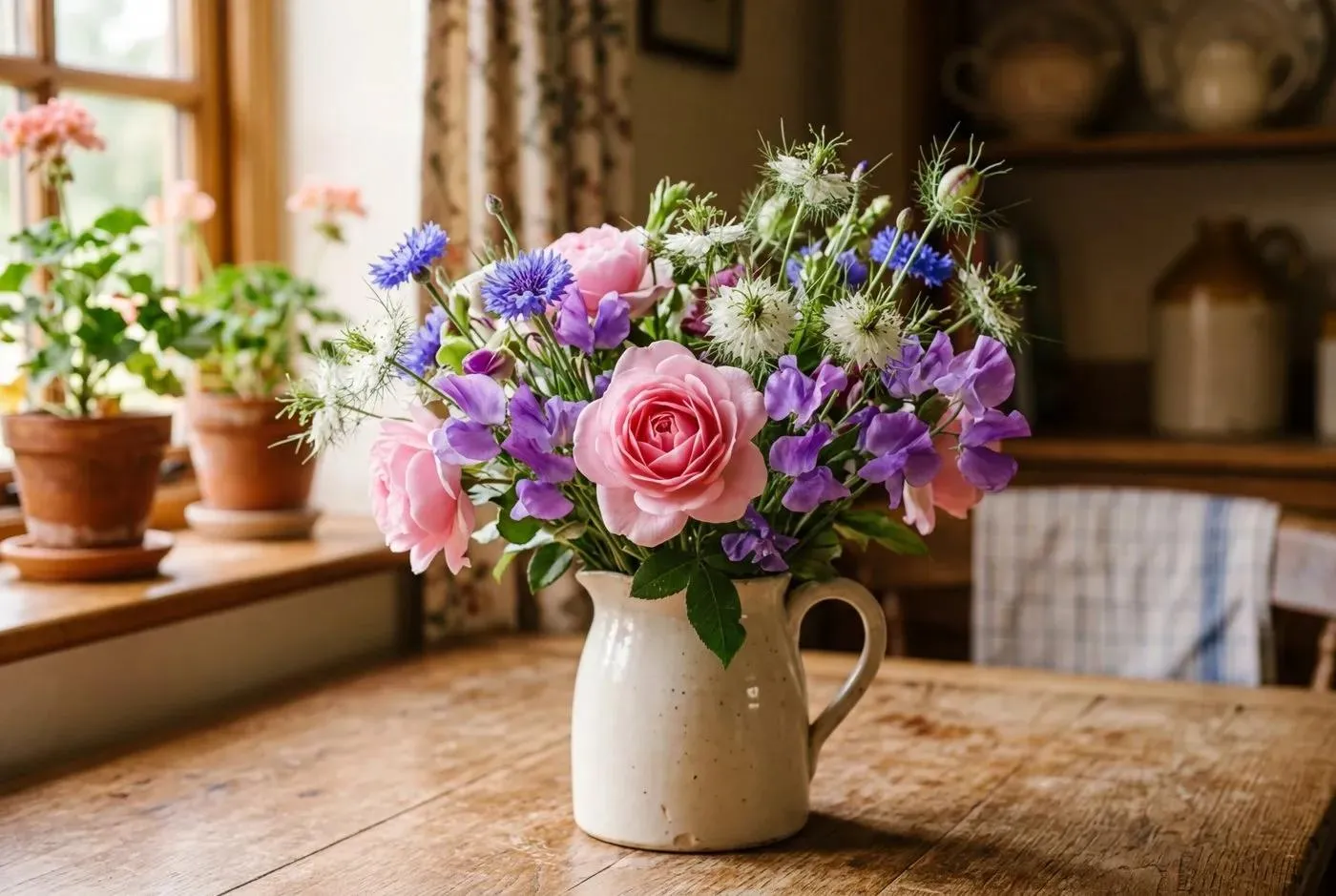 Seasonal flowers in a vintage ceramic vase on a cottage kitchen counter