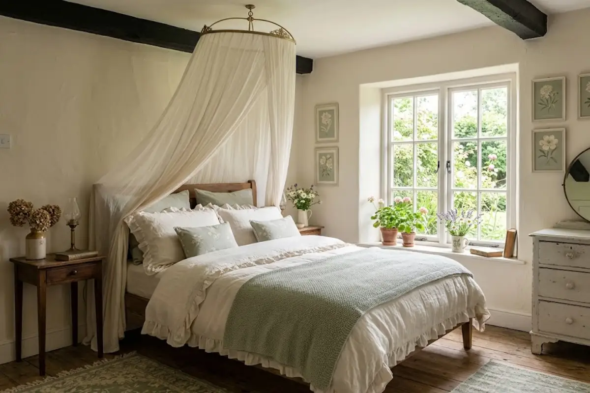 Sheer gauze canopy hanging from a hoop above a cottagecore bed