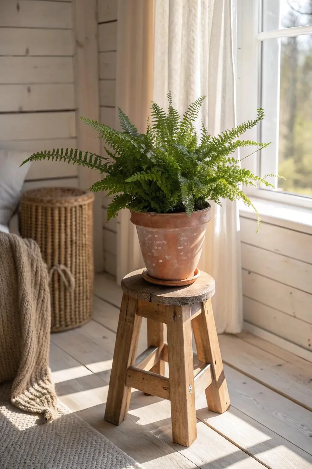 Green leafy houseplant in a ceramic pot beside a cottage window