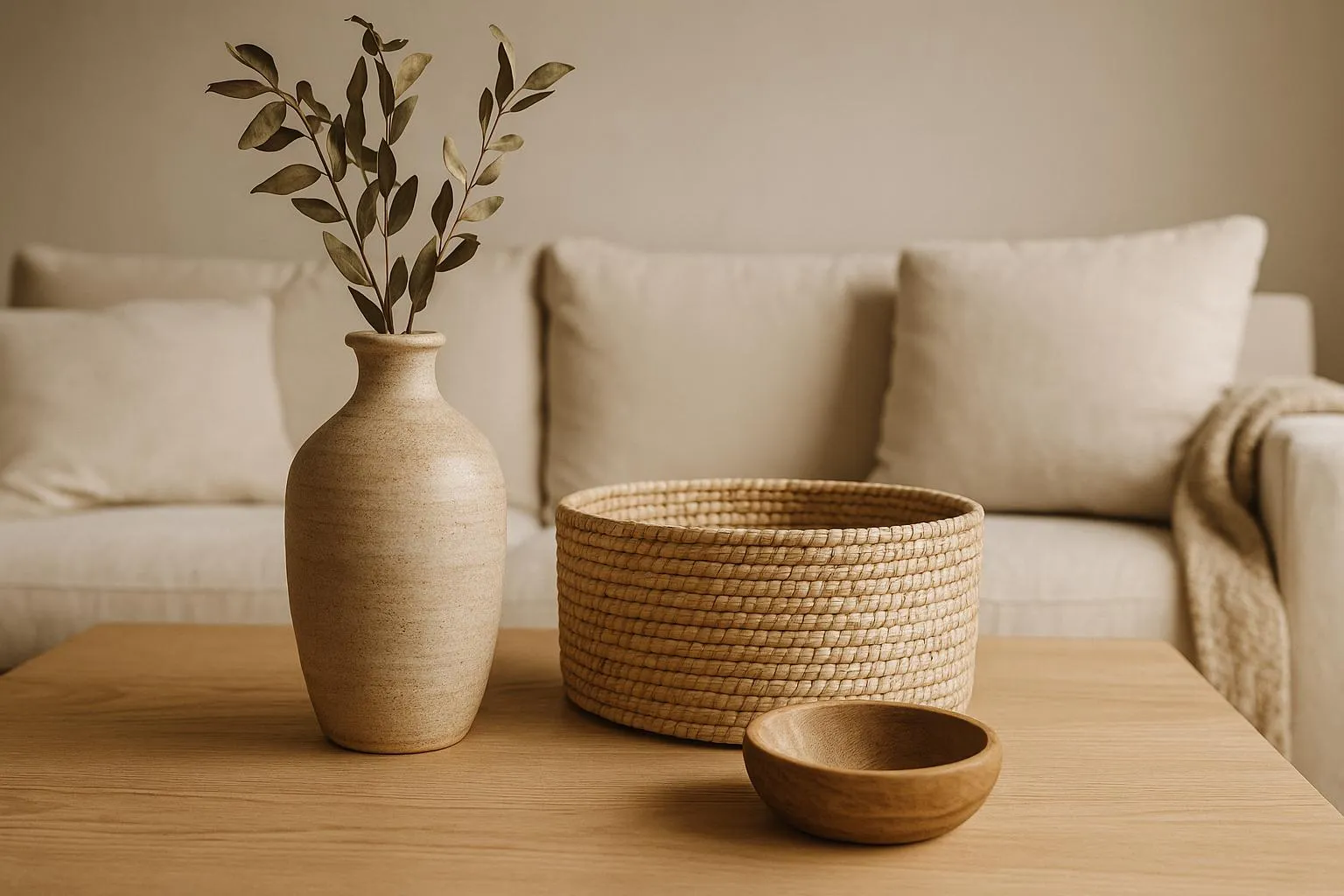 Handmade-looking pottery, woven basket, and wooden bowl styled in a cottage home