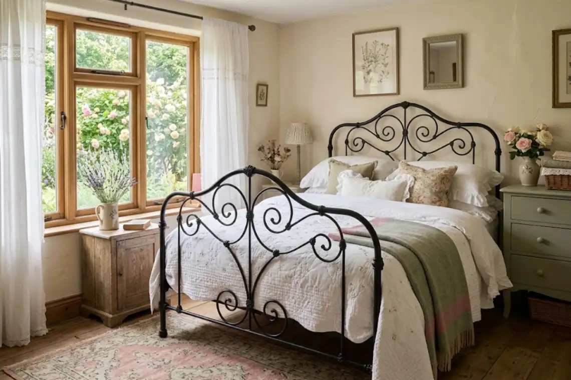 Curly wrought-iron bed frame with white quilt in a cottagecore bedroom