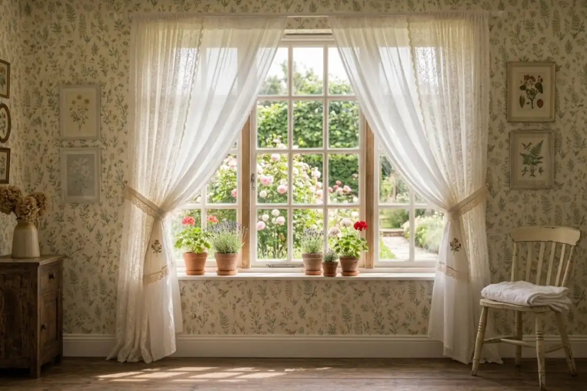 Sheer lace and cotton curtains at a bedroom window in soft daylight