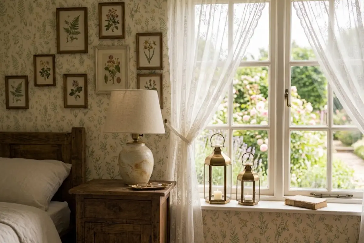Brass lanterns on a bedroom windowsill beside a lace curtain