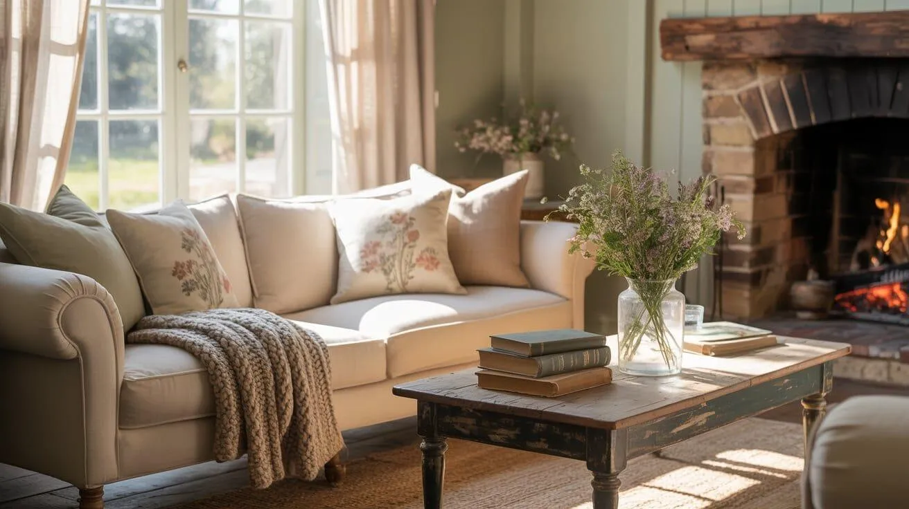 Cottage sofa with layered linen cushions, a floral pillow, and a knitted throw