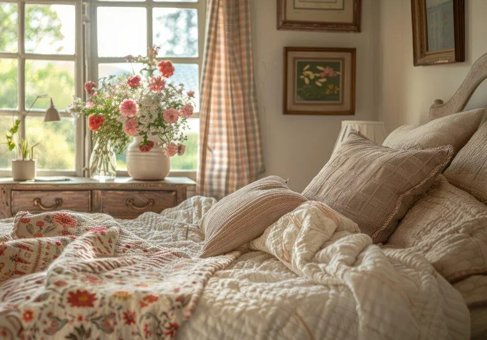 Layered cotton bedding, a quilt, and soft floral cushions in a cottage bedroom