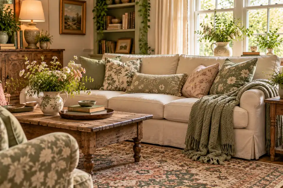 Cream sofa with sage botanical cushions, floral textiles, a soft throw, a faded vintage rug, and linen curtains