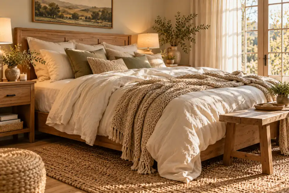 Layered ivory linen bedding with oatmeal pillows and a knitted throw on a rustic oak bed