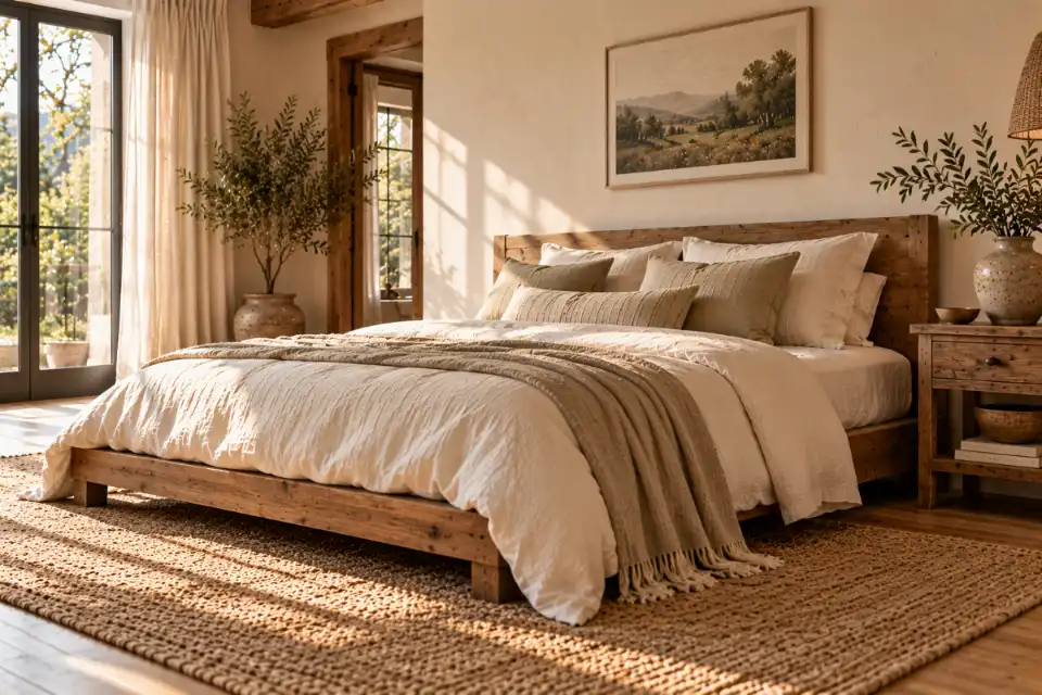 Minimal rustic bedroom with a low oak bed, ivory linen bedding, ceramic vase, and uncluttered decor