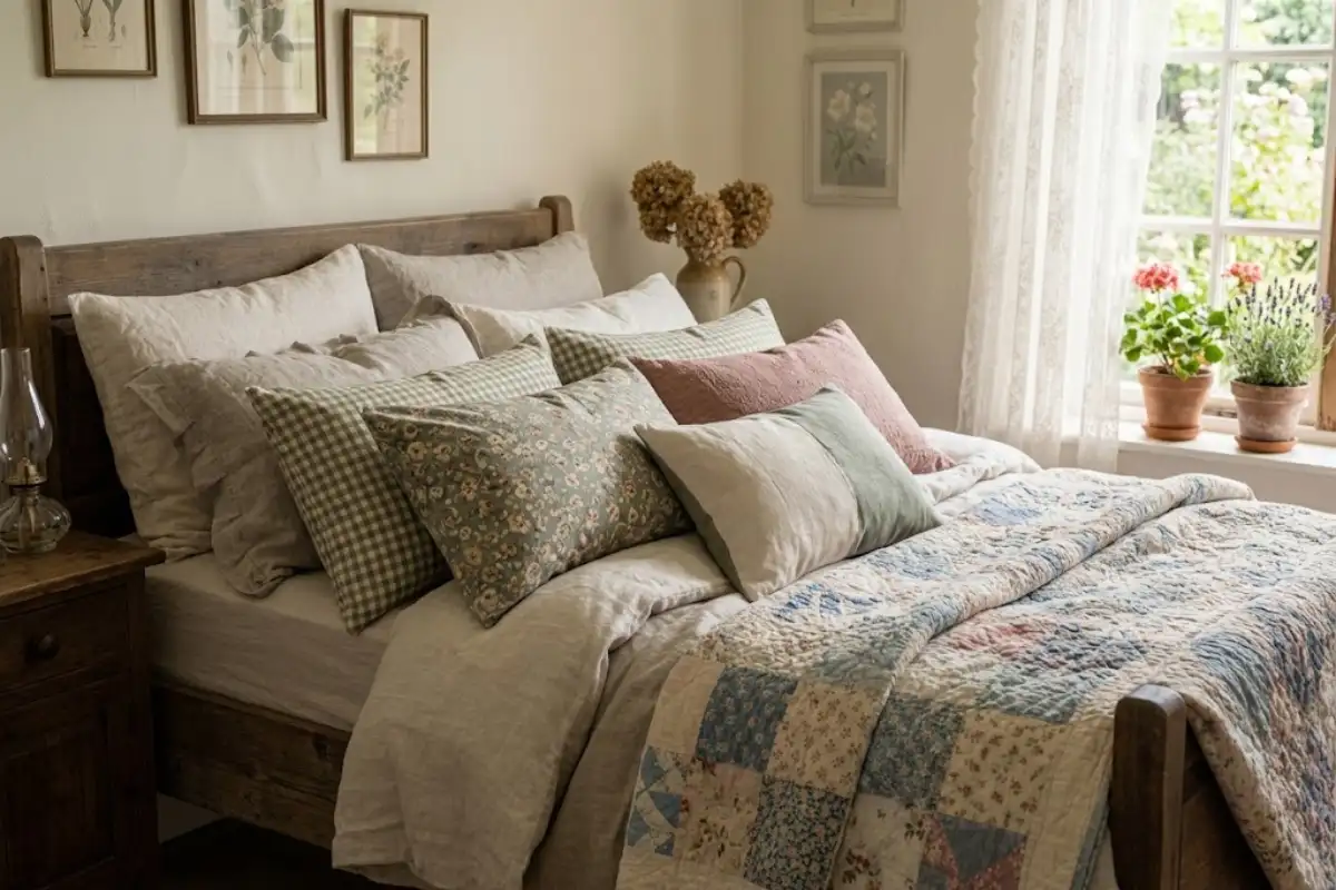Floral, gingham and plain pillows layered on a cottagecore bed