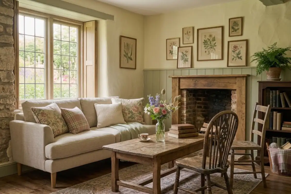 Modern sofa mixed with vintage seating in a cottage-style living room