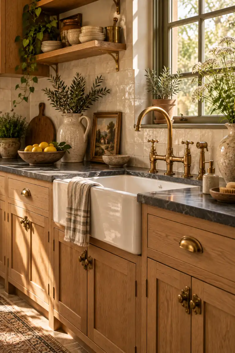 Aged brass faucet against oak cabinets and cream tile