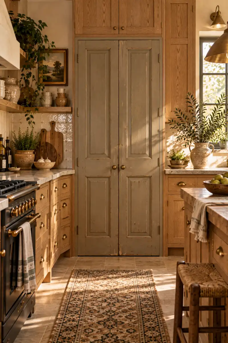 Salvaged paneled pantry doors in a soft rustic kitchen